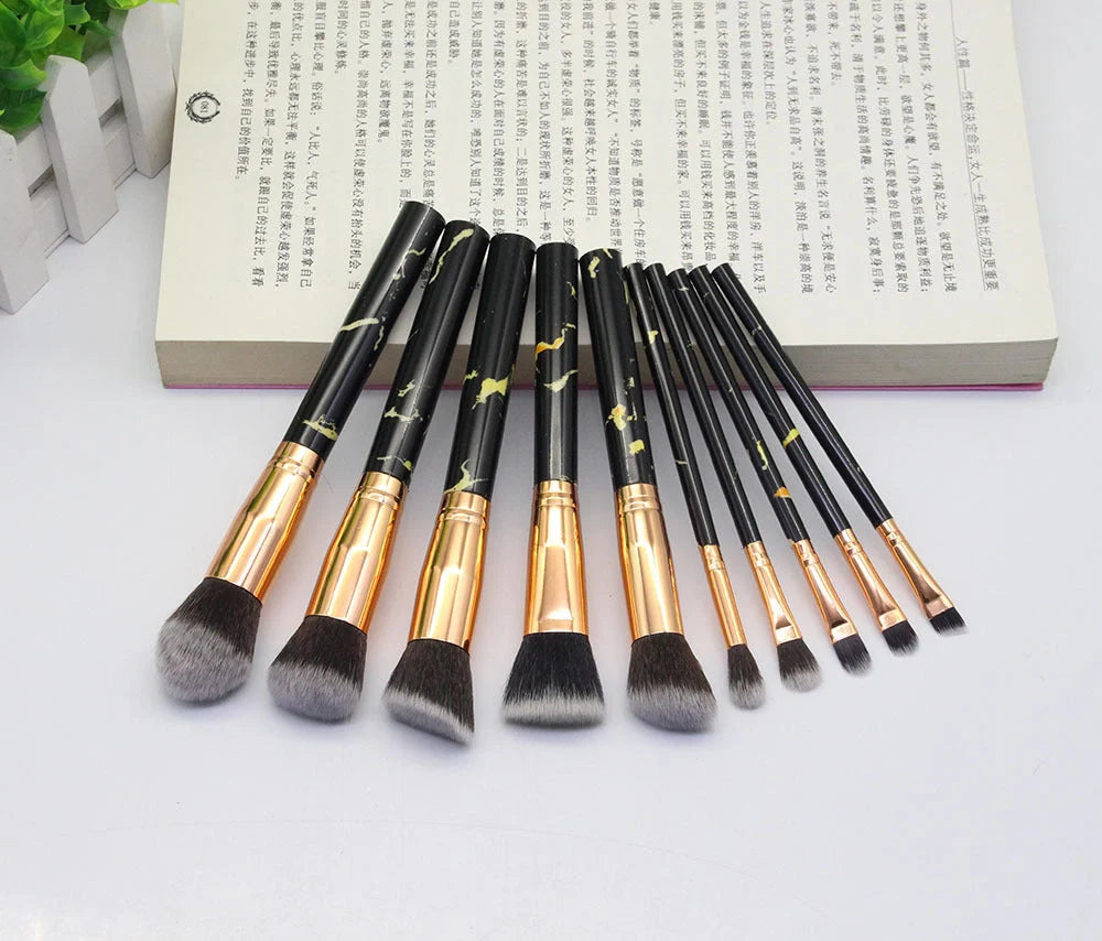 15-piece marbled design makeup brushes set with nylon bristles and wooden handles