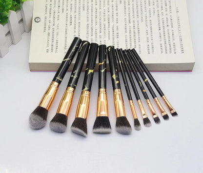15-piece marbled design makeup brushes set with nylon bristles and wooden handles