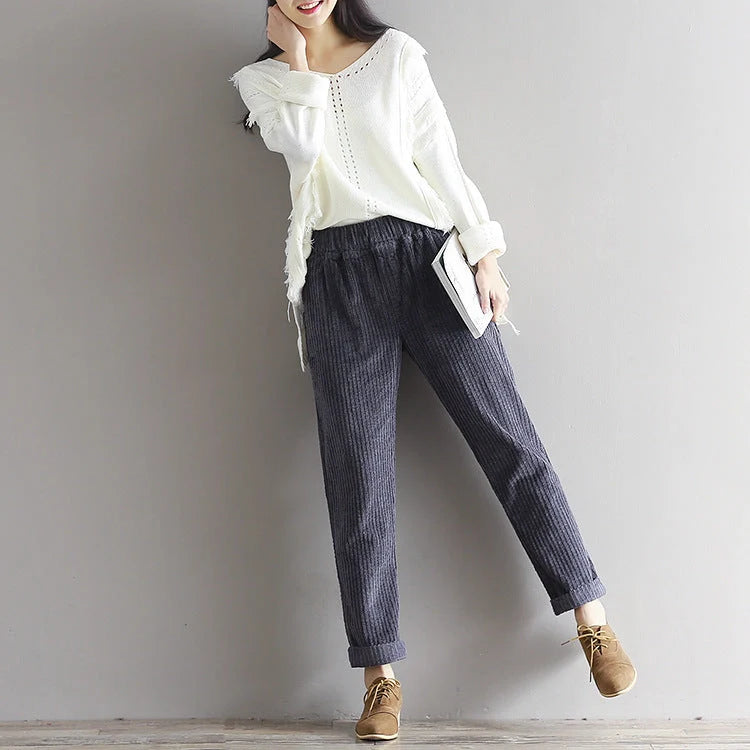 Large size women's thin corduroy pants with adjustable waist for autumn and winter wear