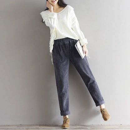 Large size women's thin corduroy pants with adjustable waist for autumn and winter wear
