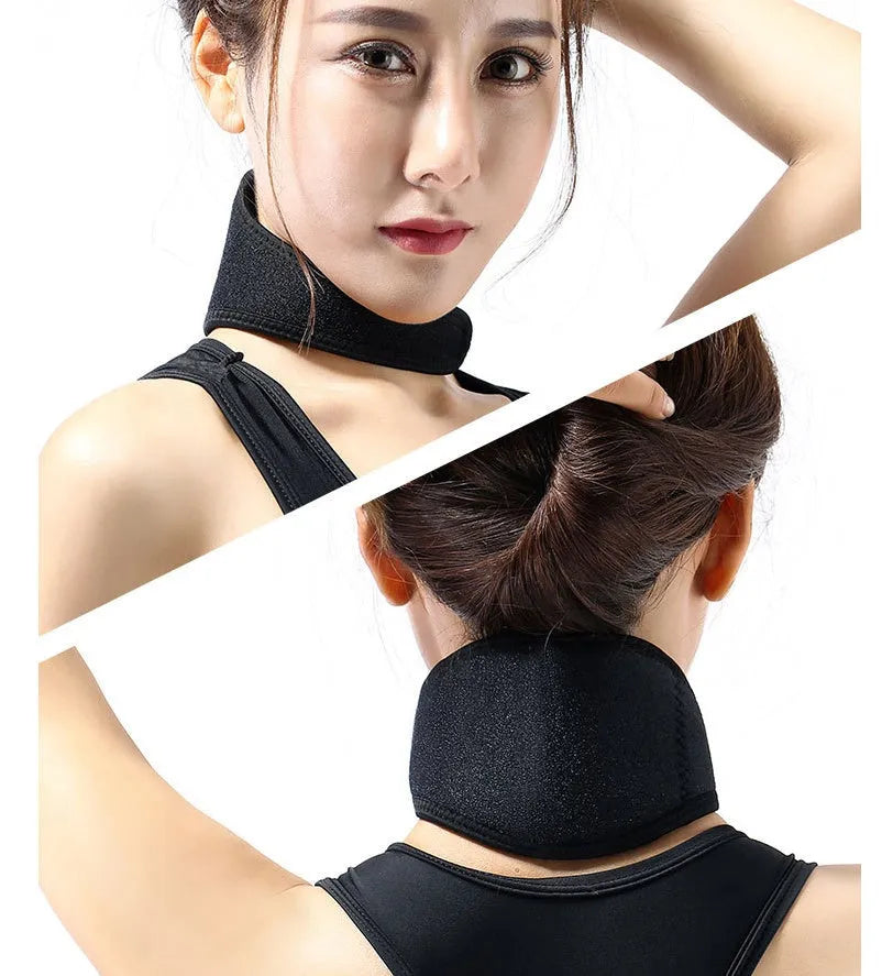 Black self-heating magnetic neck guard with adjustable shoulder strap shown laid flat.