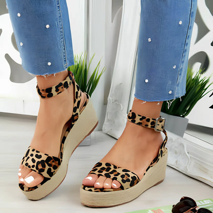 Women's summer platform sandals with slope heel in black, gold, leopard or white colours