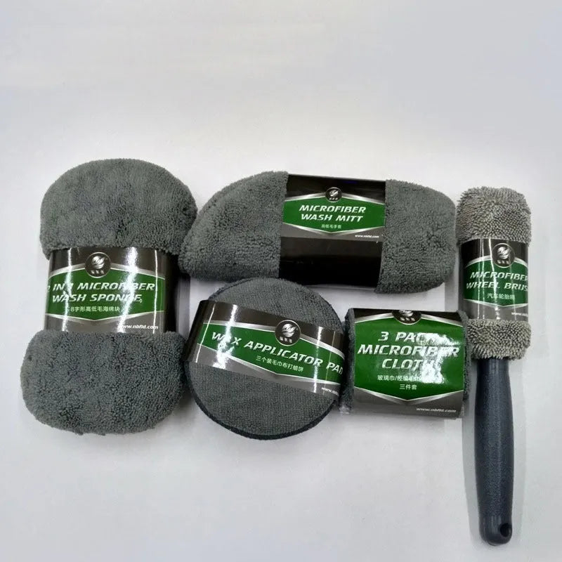 9-piece car wash cleaning kit with tyre brush, microfibre towels, sponge, glove, and waxing cakes in grey and orange