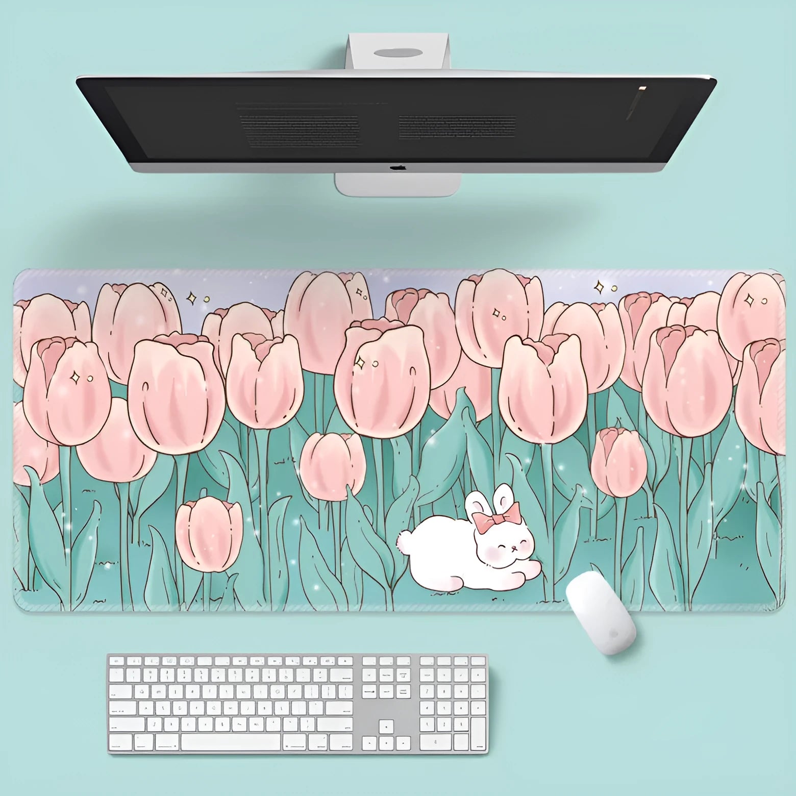 Large flower pattern mouse pad on a desk, showing cute cartoon tulip design and non-slip rubber base.