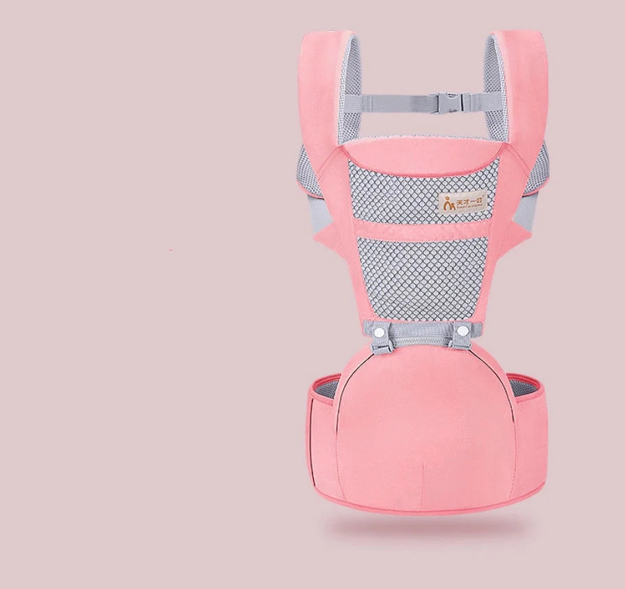 Multifunctional baby carrier waist stool in pink, gray, and blue for comfortable child sitting