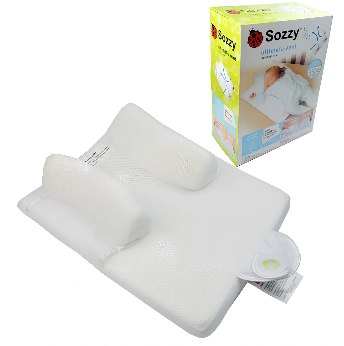 White baby sleep positioning pad with curved armrest and elevated head section