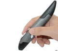 Wireless mouse pen in black with USB receiver and charging cable on a desk