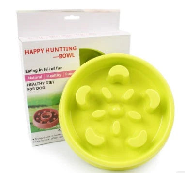 Anti-choke plastic dog bowl in pink, blue, green, and yellow