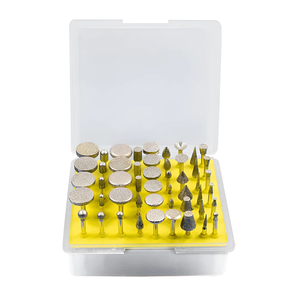 Set of alloy grinding heads with elliptical cone diamond and golden diamond tips on a white background.