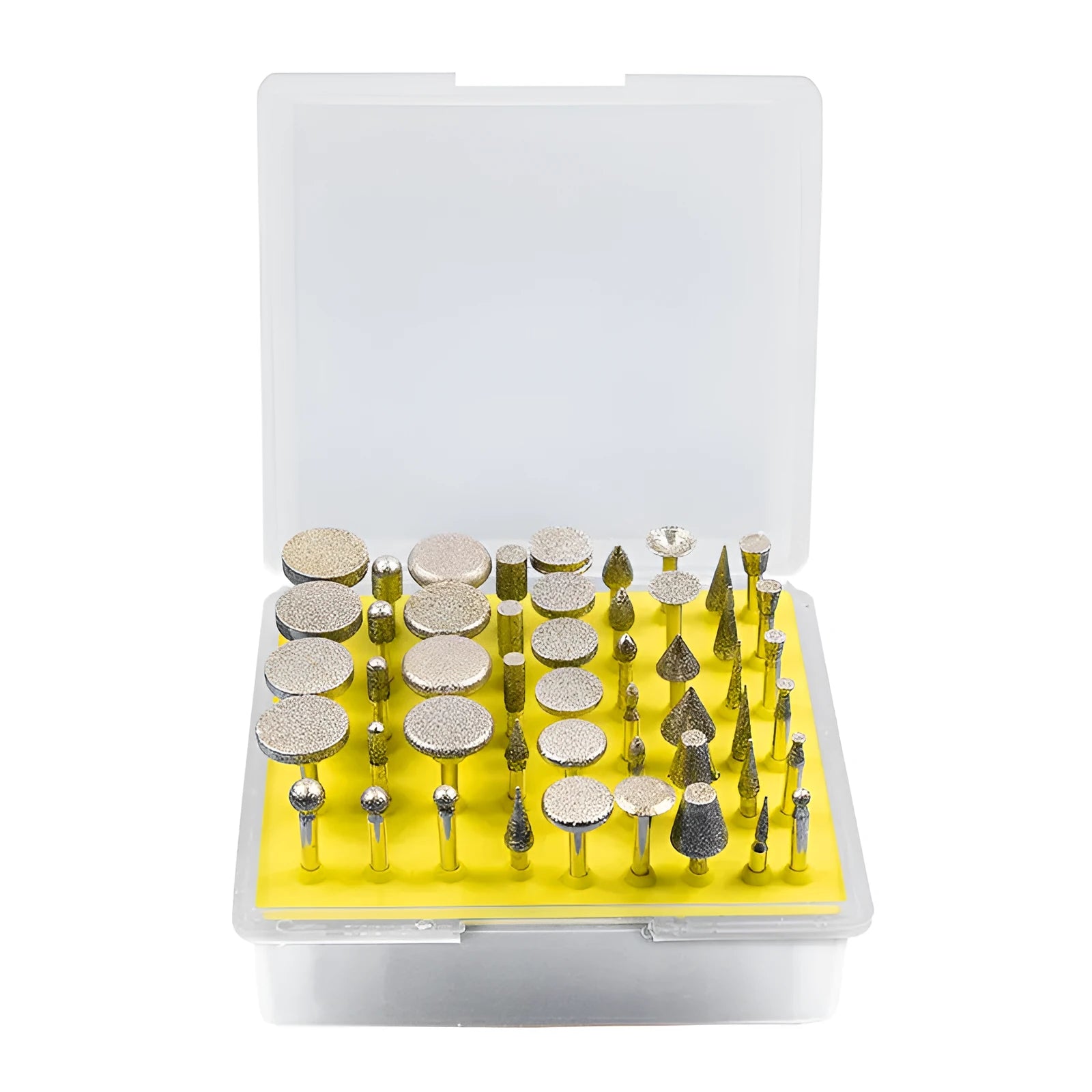 Set of alloy grinding heads with elliptical cone diamond and golden diamond tips on a white background.