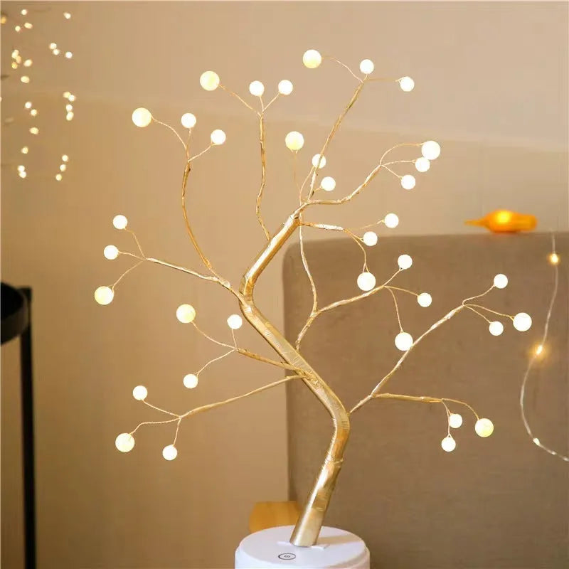 LED copper wire bedroom light with warm glow, silver tree body, and copper wire detail