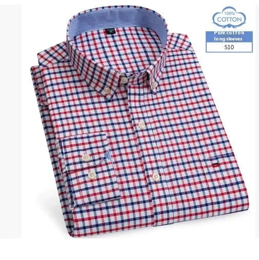 Men's long sleeve pure cotton plaid shirt, casual spring style, available in sizes 38 to 47