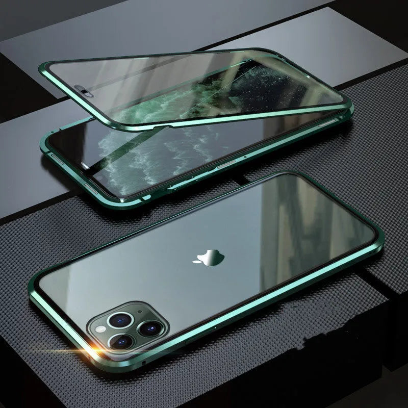 Glass anti-spy clamshell phone case in multiple colours for iPhone models.