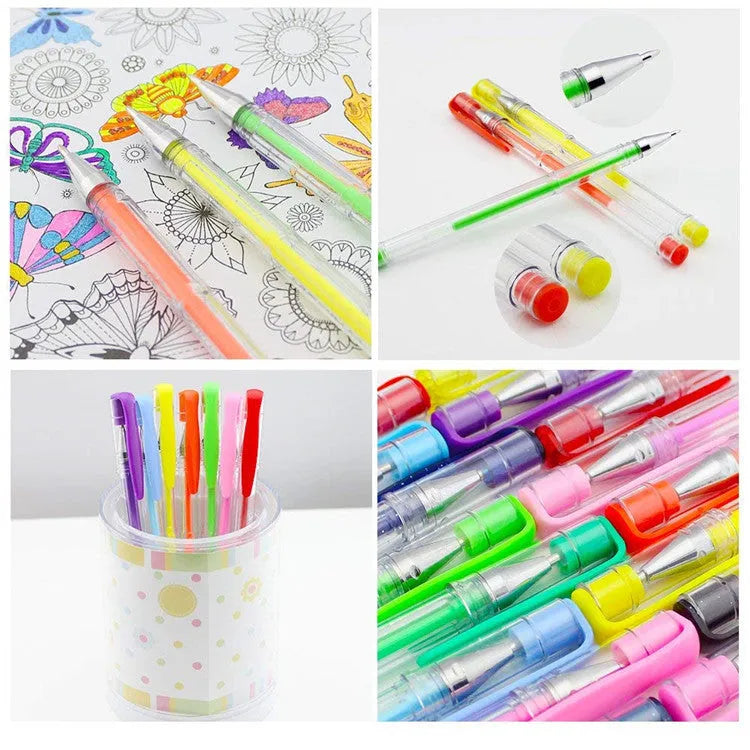 100 colour plastic gel pen set with fine and broad tips on a white background.