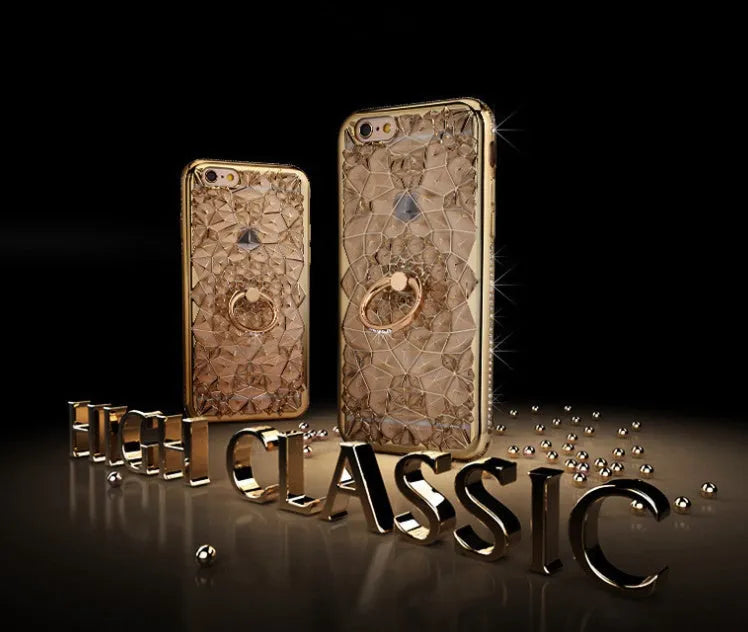 Gold TPU phone case with diamond ring plating for iPhone XS Max on white background