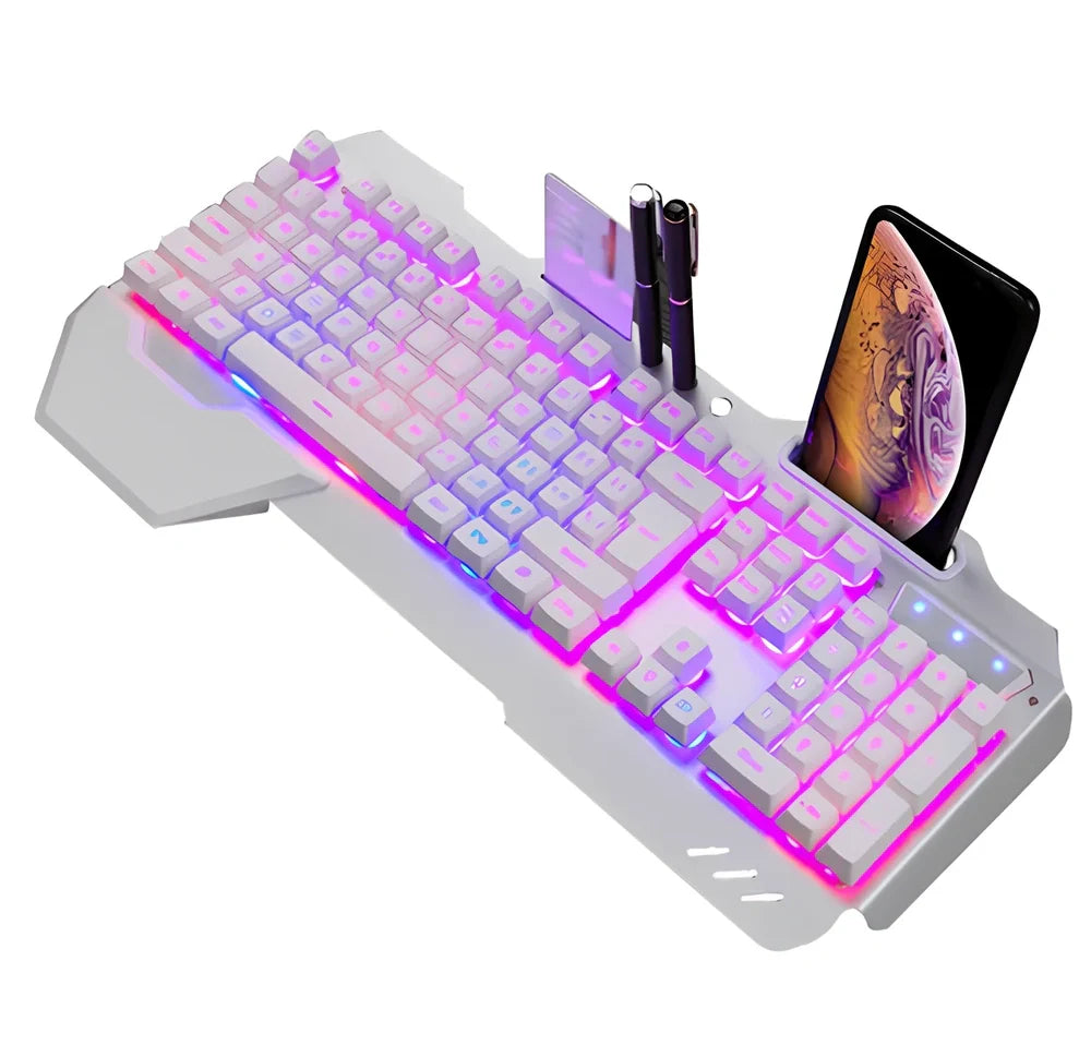 Black wired gaming keyboard with RGB backlight, 45.5 cm size, phone slot, and USB cable on desk