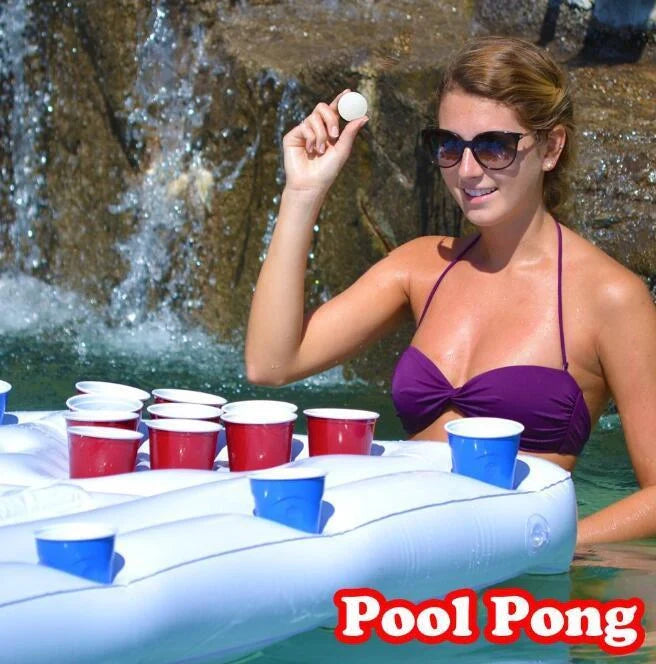 White inflatable beer pong table with built-in cooler floating in pool