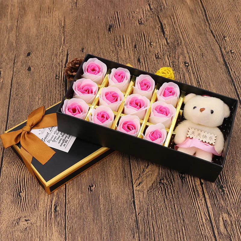 Valentine's Day gift box soap flower with rose bear arrangement in pink gradient colour, high-end gift box