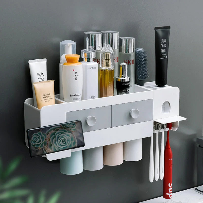 Wall-mounted magnetic toothbrush rack with automatic toothpaste dispenser in white plastic
