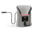 Grey Oxford cloth portable baby bottle warmer with electronic display and car charger, shown next to two baby bottles.