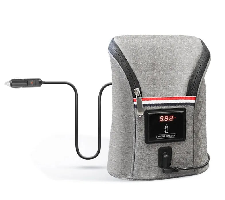 Grey Oxford cloth portable baby bottle warmer with electronic display and car charger, shown next to two baby bottles.