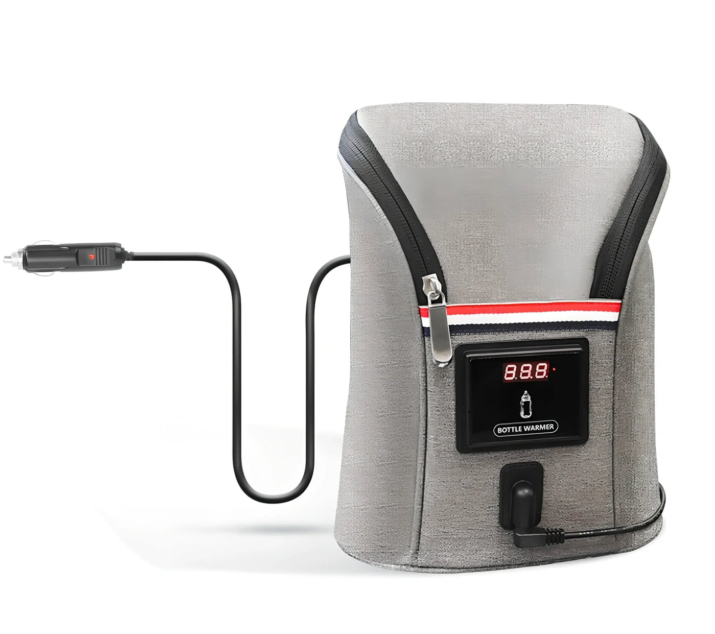 Grey portable baby bottle warmer with electronic display and car charger for 12V vehicle use