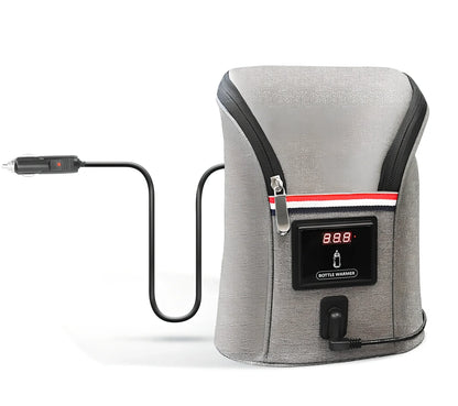 Grey portable baby bottle warmer with electronic display and car charger for 12V vehicle use