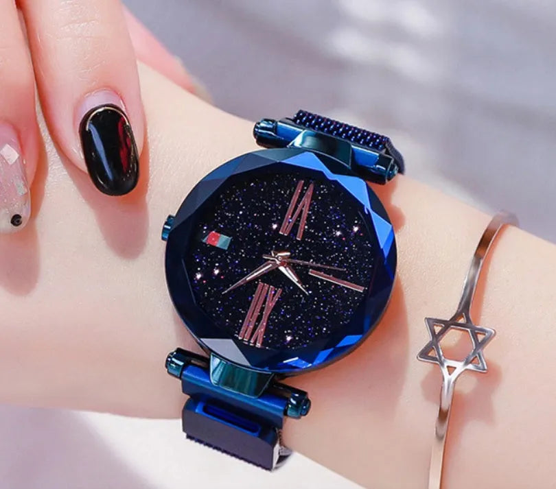 Starry Sky women's watch with magnetic mesh strap, alloy case, and glass surface, 34mm diameter