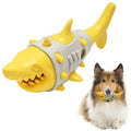 Blue dog teething toy with shark-tooth textured surface and visible air vents for bite-resistant chewing