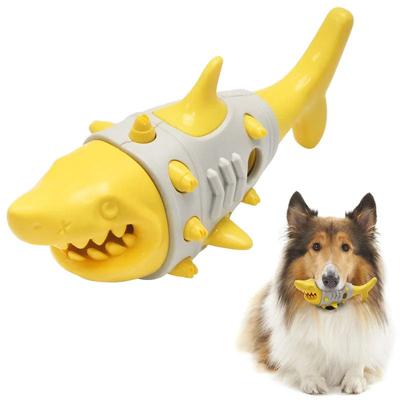 Blue dog teething toy with shark-tooth textured surface and visible air vents for bite-resistant chewing