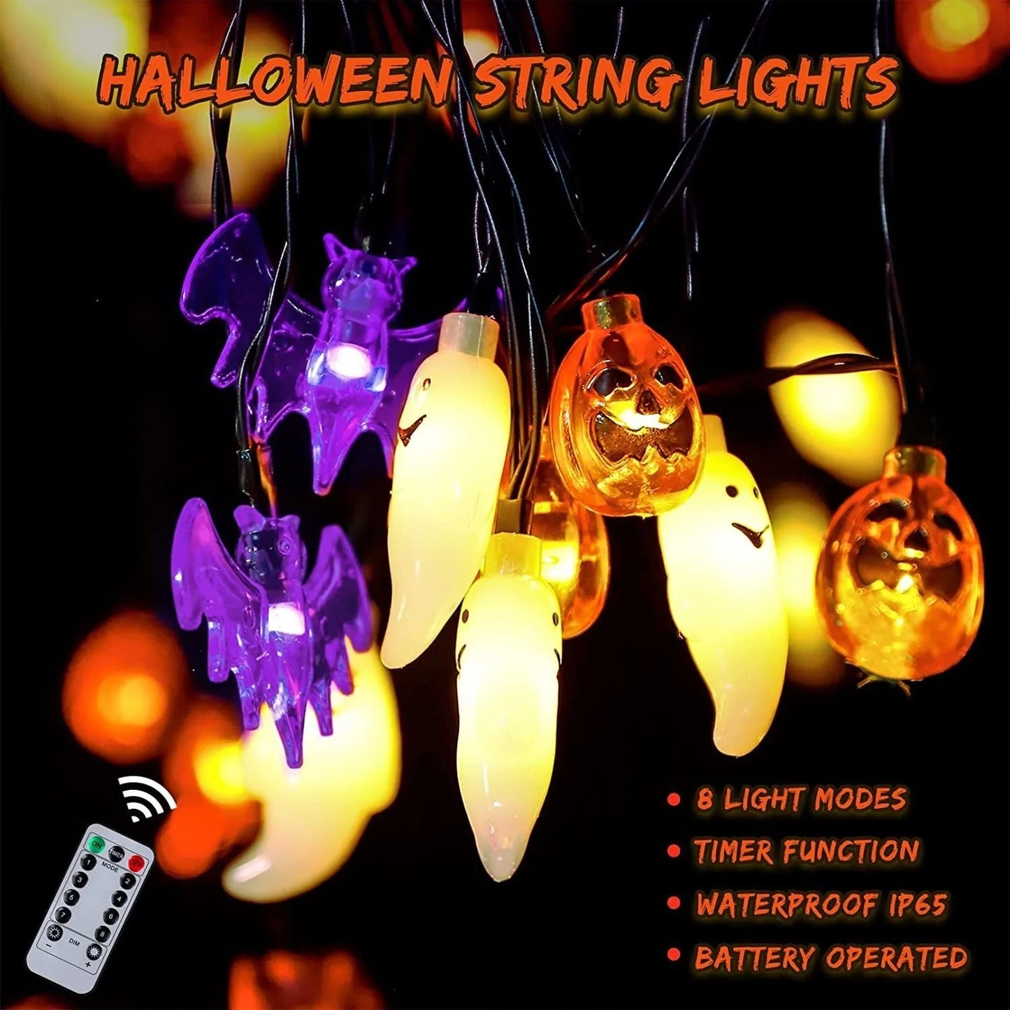 LED Halloween string lights with pumpkin, spider, bat, and skull designs in purple and green