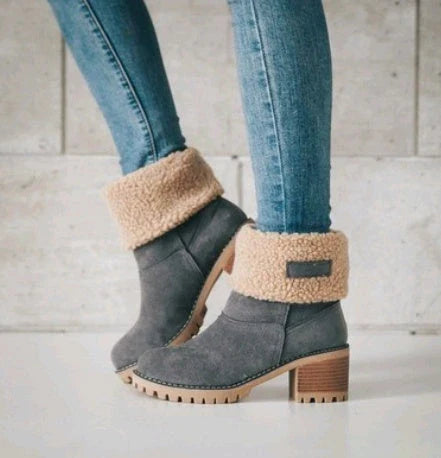 Stylish mid-calf suede snow boots with thick heel in various colors and sizes