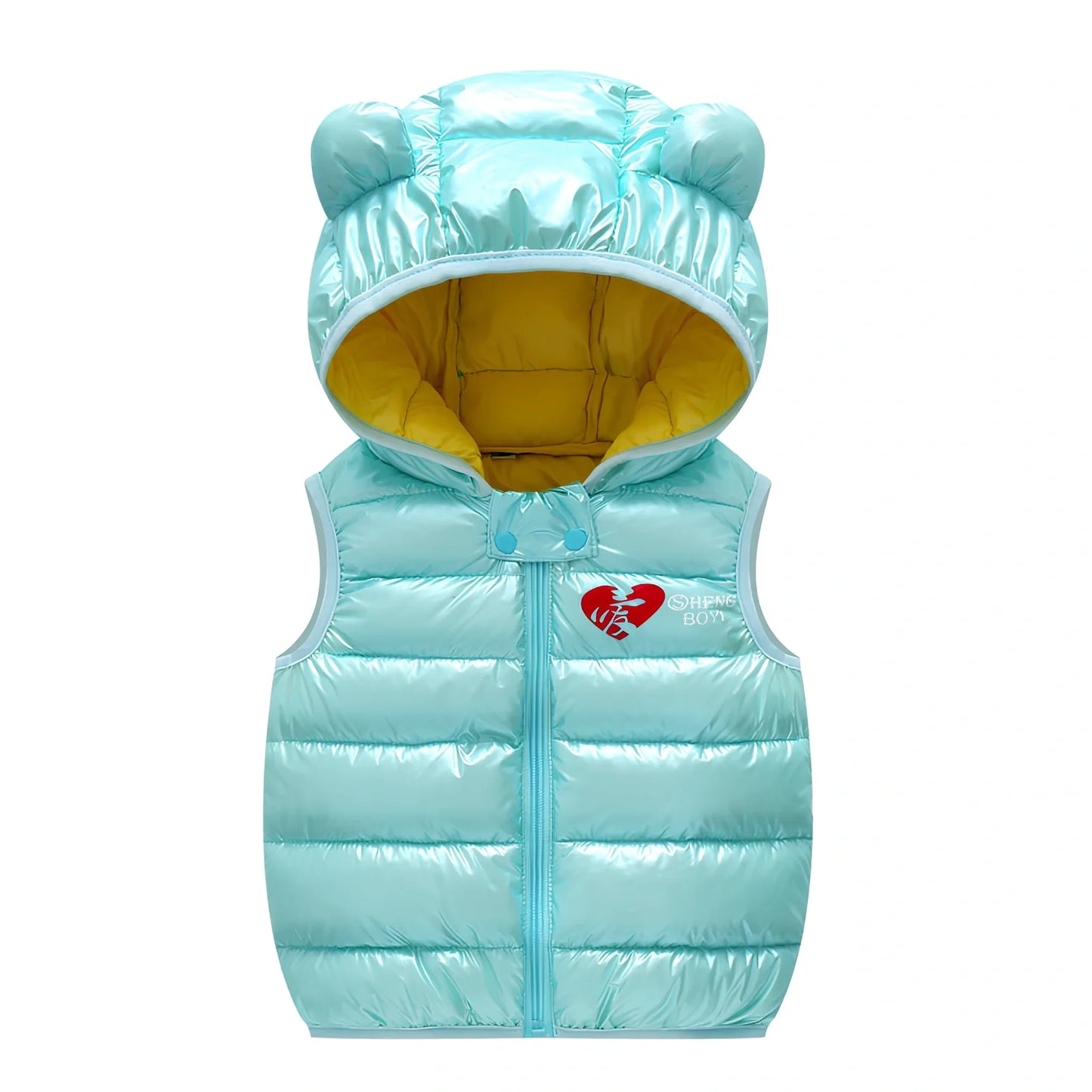 Children's blue hooded down vest, sleeveless with 70cm bust for 100cm height, polyester winter outerwear