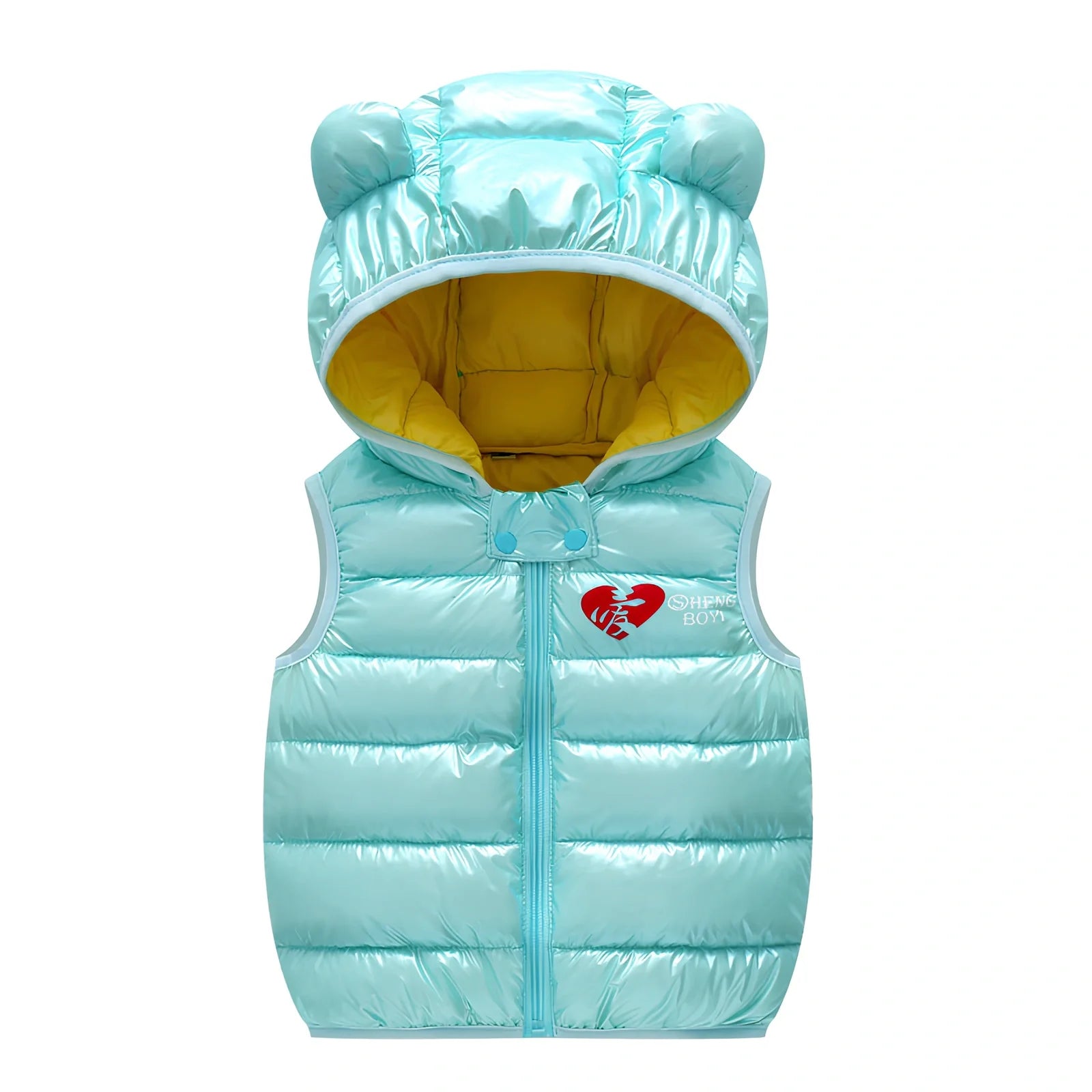 Children's blue hooded down vest, sleeveless with 70cm bust for 100cm height, polyester winter outerwear