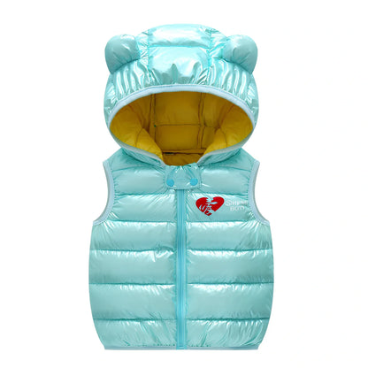 Children's blue hooded down vest, sleeveless with 70cm bust for 100cm height, polyester winter outerwear