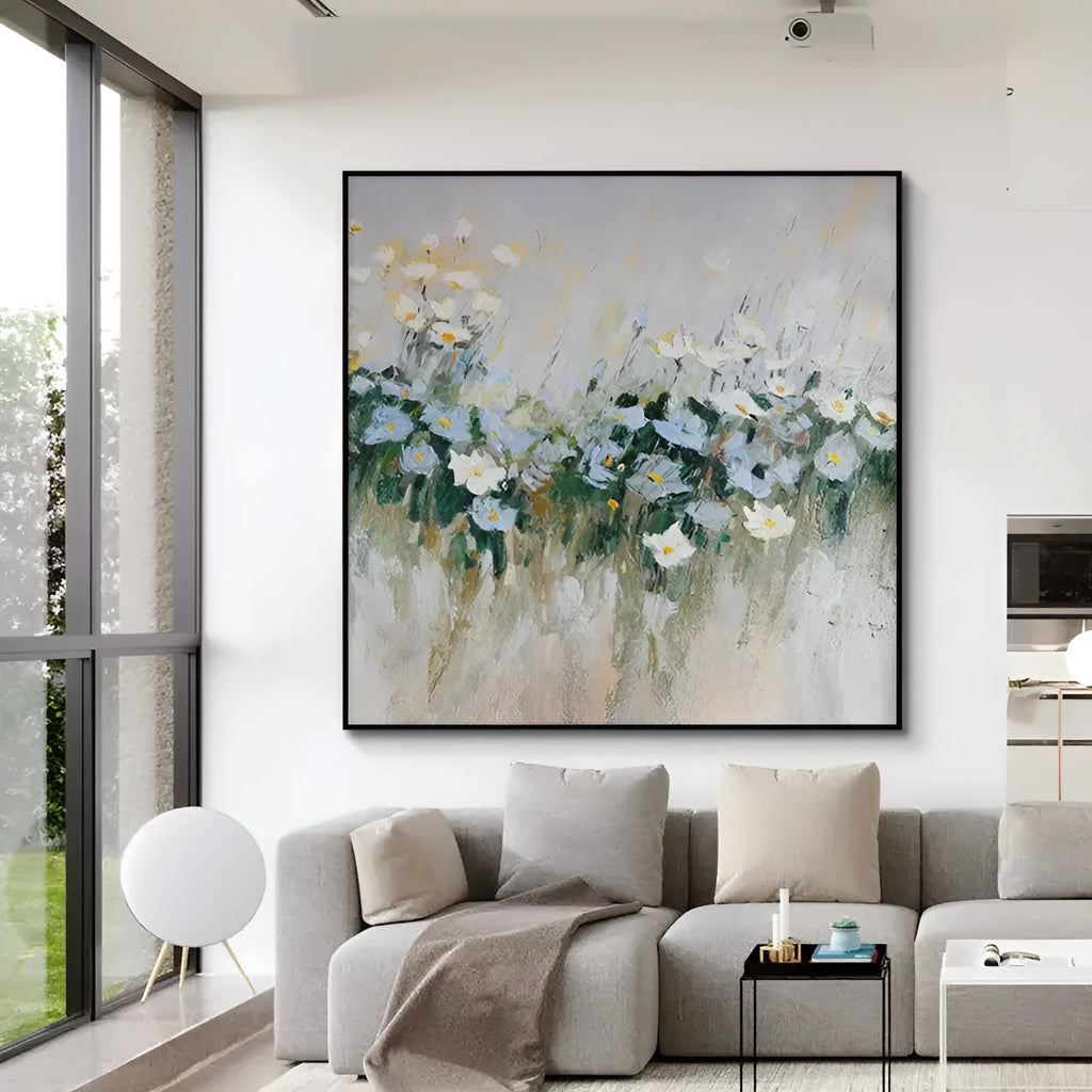 Handmade oil painting canvas wall art modern blue flowers square framed no frame rolled unstretched