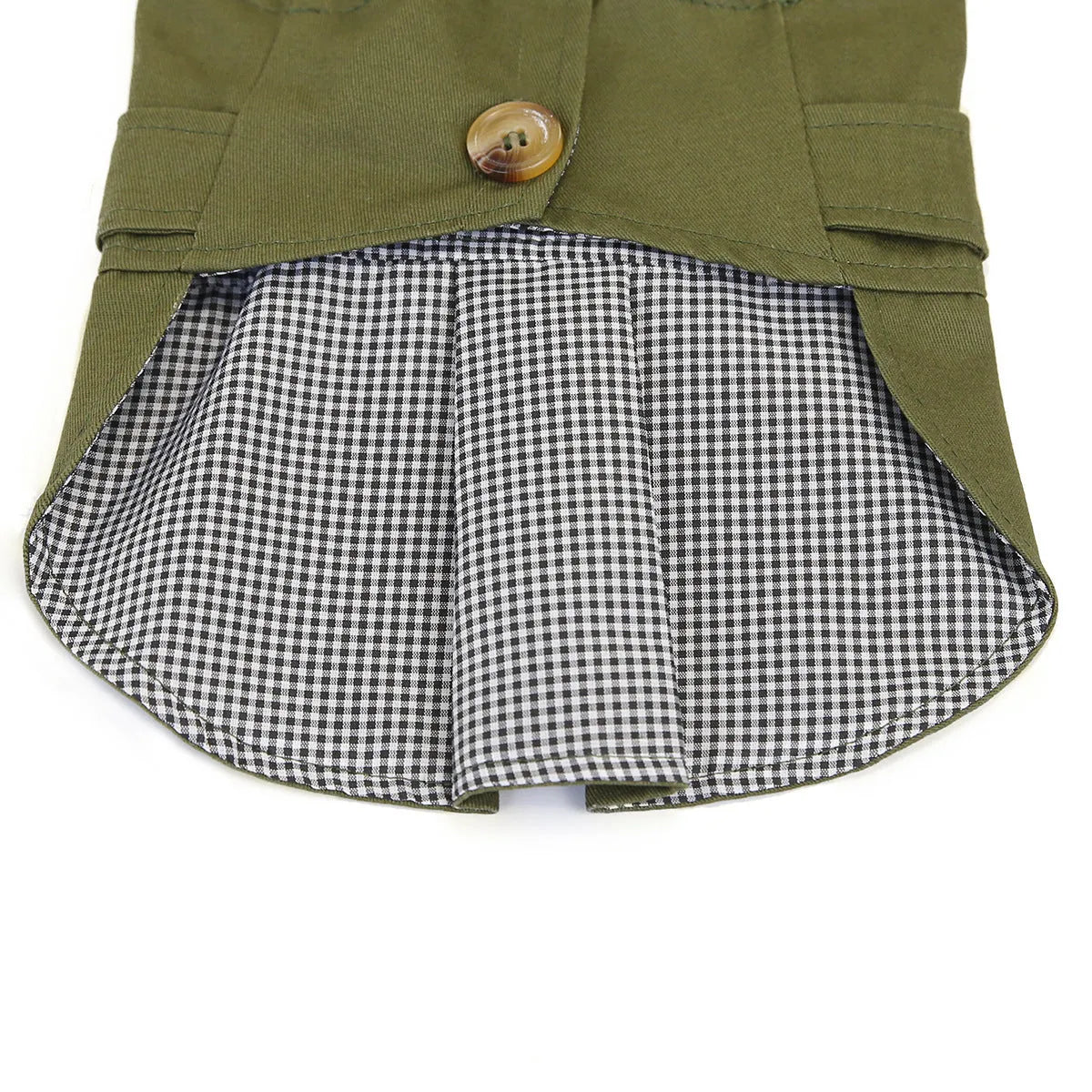 Pet dog coat in khaki polyester two-legged style side view with back length measurement visible