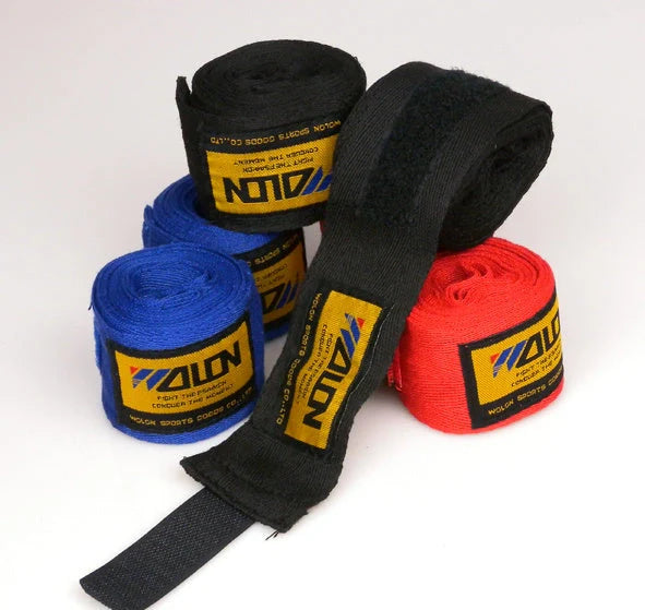 Cotton boxing hand wraps showing 2.5-metre length and 5cm width for martial arts training