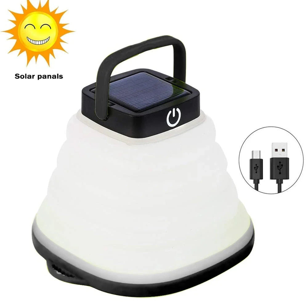 Collapsible solar-powered camping lantern with adjustable brightness levels and waterproof construction