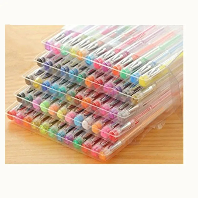 100 colour plastic gel pen set with fine and broad tips on a white background.