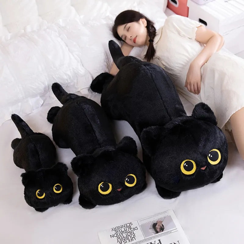 Gray cat-shaped plush pillow toy with soft fabric, 70cm height, on a sofa