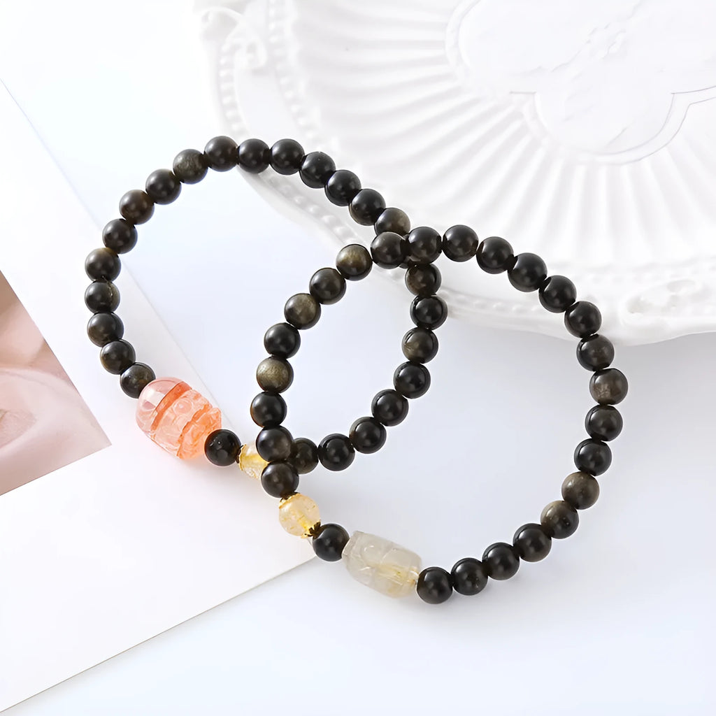 Handmade natural obsidian Pi Xiu bracelet with animal modelling in gold or red colours