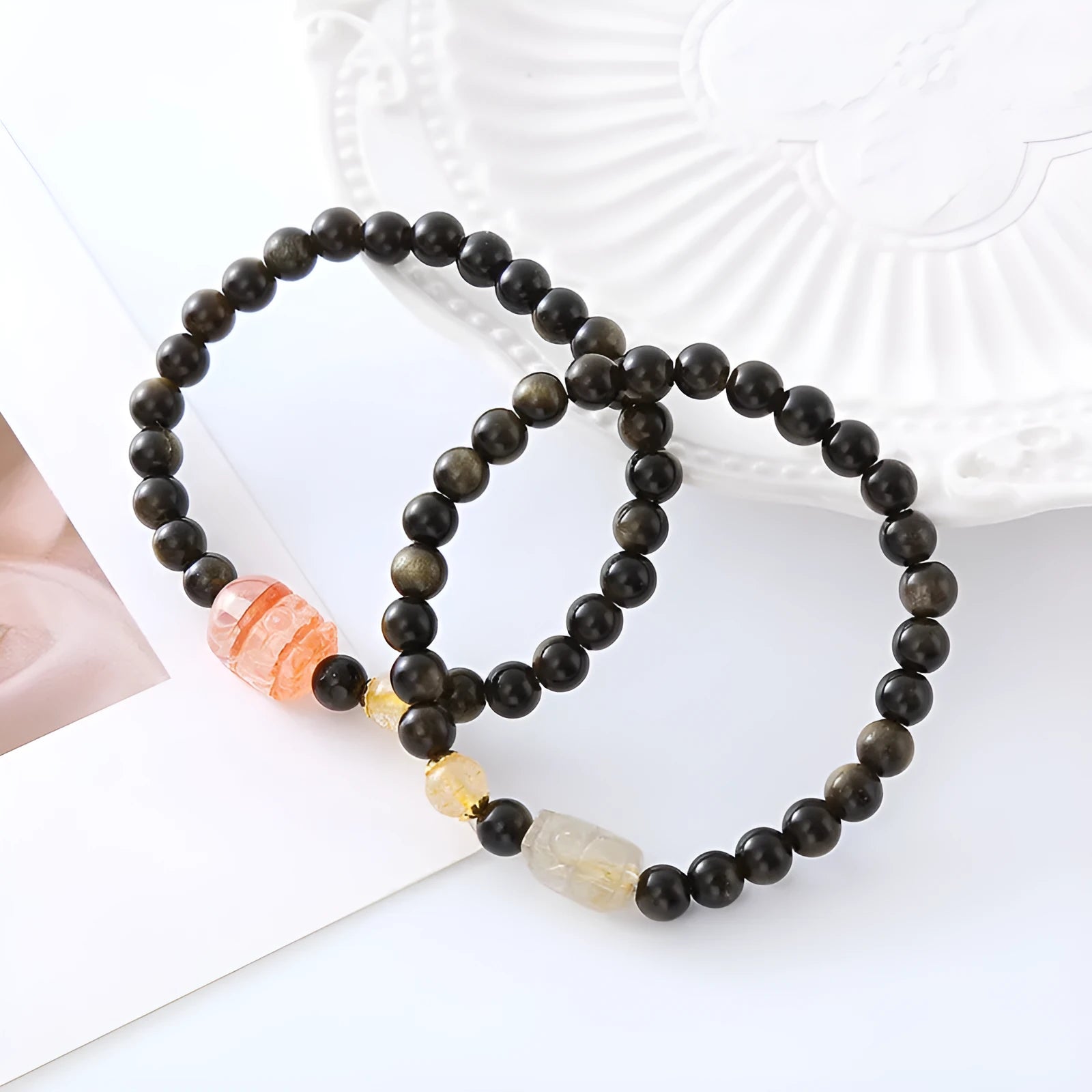 Handmade natural obsidian Pi Xiu bracelet with animal modelling in gold or red colours