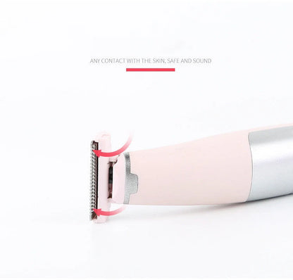 Portable hair shaver in pink and green with detachable comb for precise styling