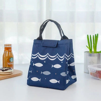Insulated picnic mini handbag in yellow, light grey, dark grey, and navy blue with cartoon design