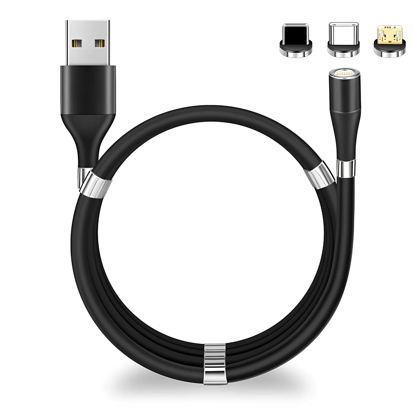 Black 3A magnetic fast charging data cable with Type-C and Apple heads, 1.8m length for iPhone and Android