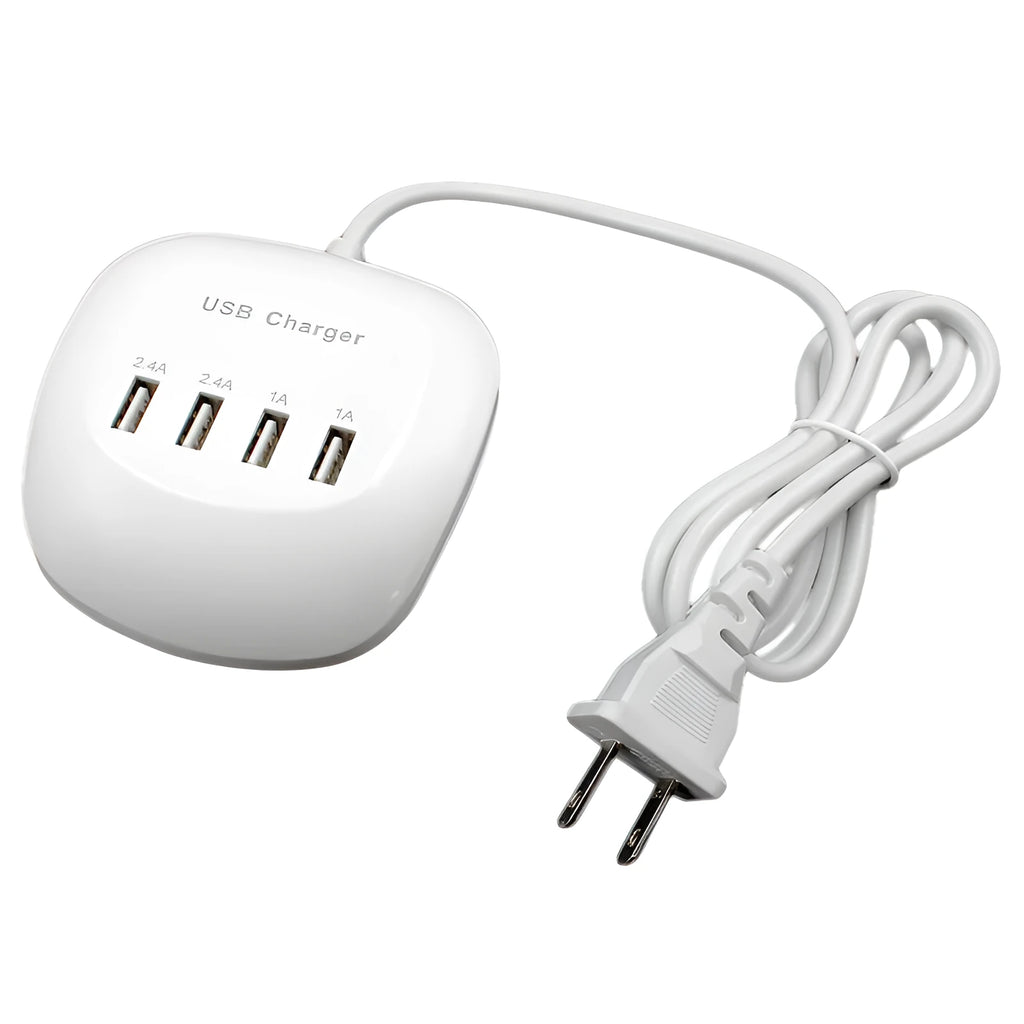 A white USB wall charger with either a two-pin EU plug or a two-pin US plug, showing the USB output port.