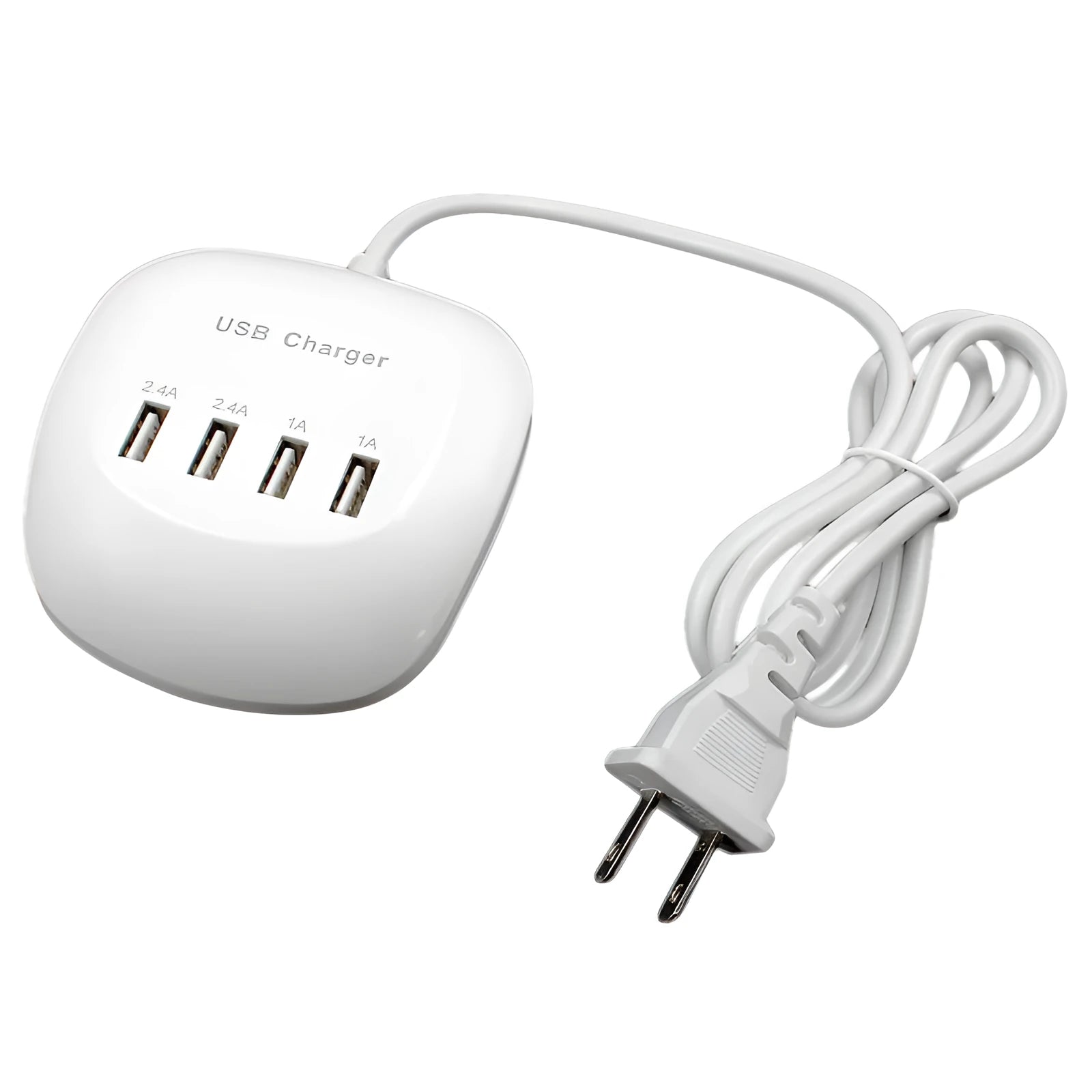 A white USB wall charger with either a two-pin EU plug or a two-pin US plug, showing the USB output port.