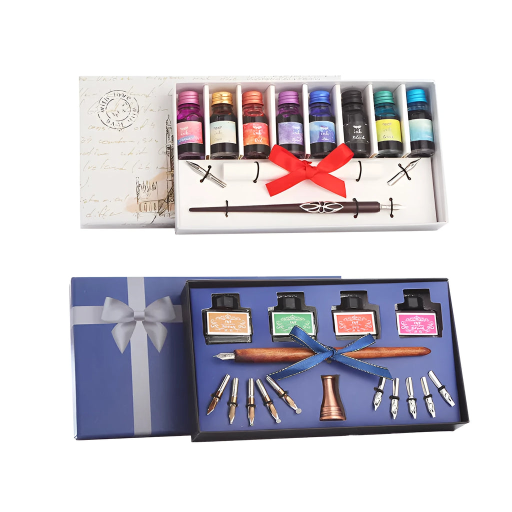 Wooden dip pen calligraphy gift set with coloured ink bottles in a storage box.