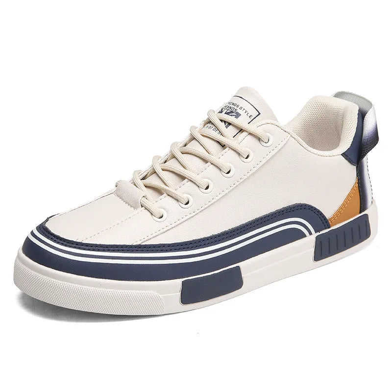 Men's beige and white with green casual canvas shoes showing mesh panel sections on sides.